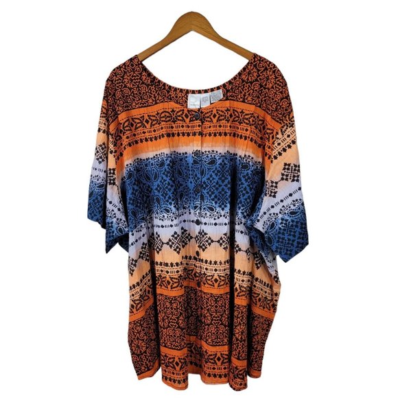 NEW Roamans Peasant Top Plus Size 5X boho Romantic Orange Blue Geometric Crinkle - Picture 2 of 5
